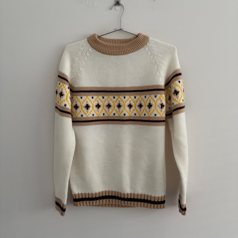 Vintage Kmart White Fair Isle Acrylic Knit Crewneck Sweater Medium